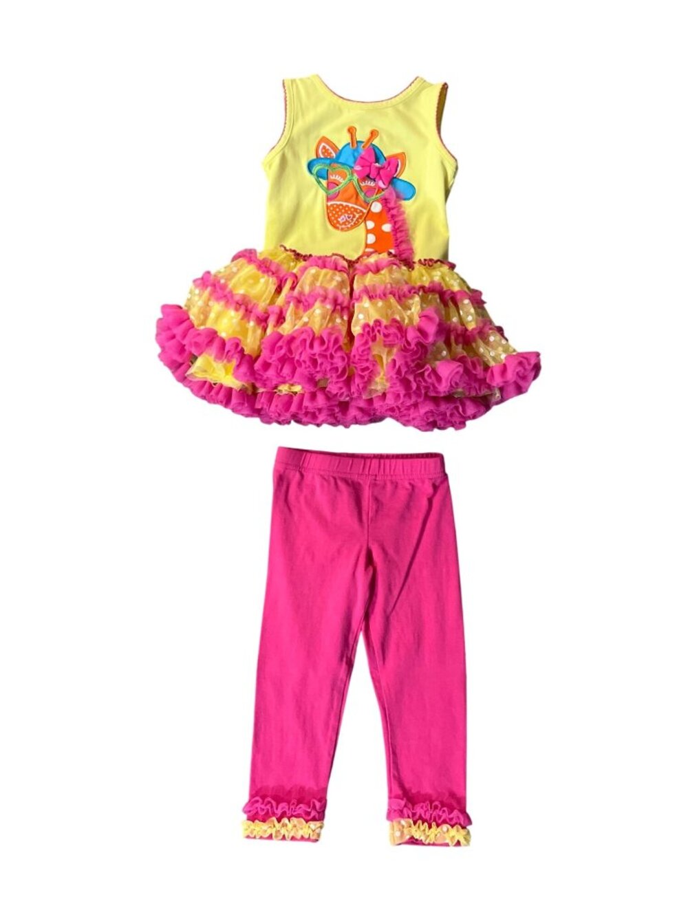 Emily Rose Girls 2T Giraffe Tunic Leggings 2 Piece Outfit Pink Yellow Used